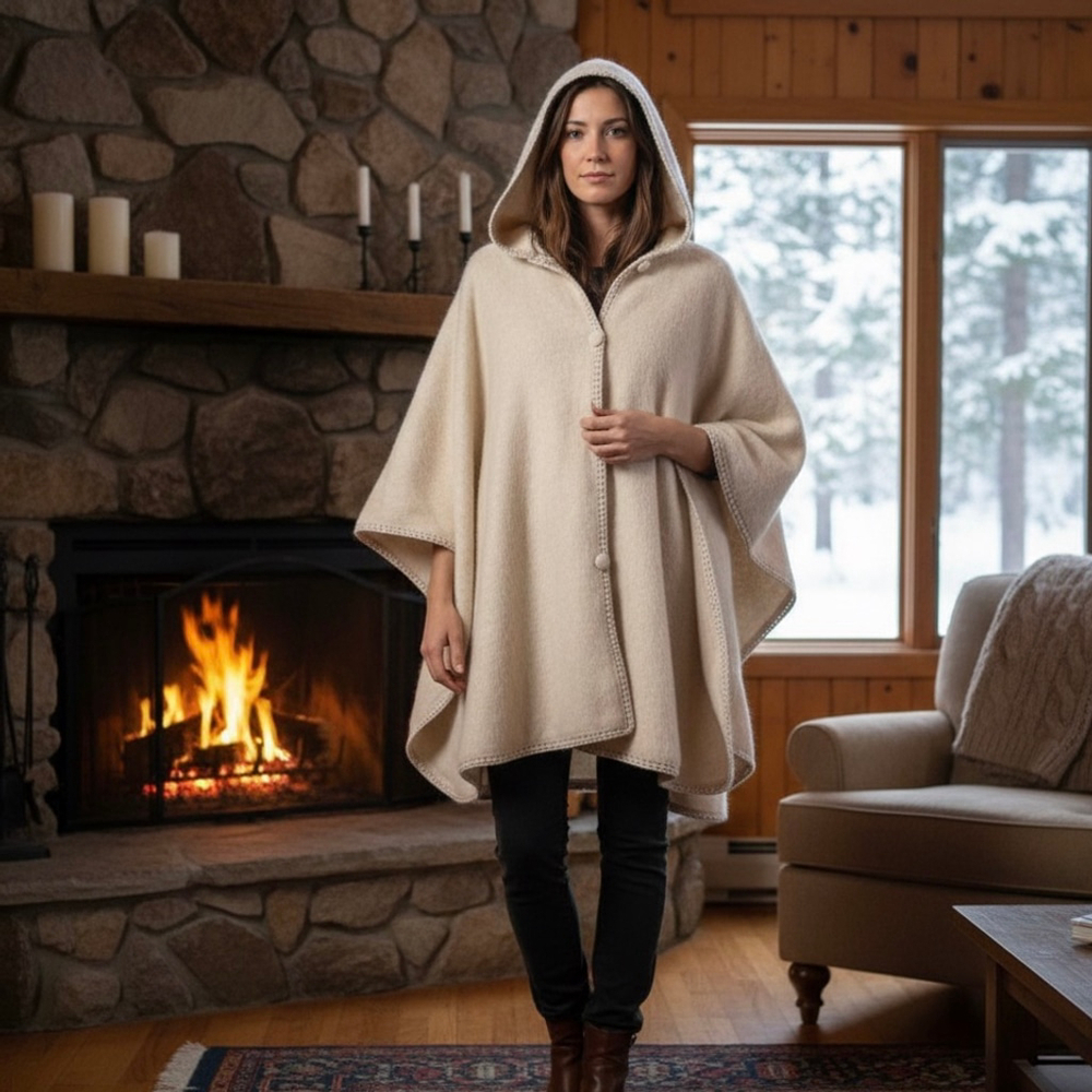 NEW Importations Maria 100% Alpaca Handmade Natural Crochet Trim Poncho One Size